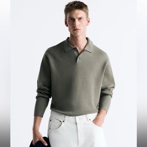 Zara Men S Knit Polo Long Sleeve w Lapel Collar Green Khaki